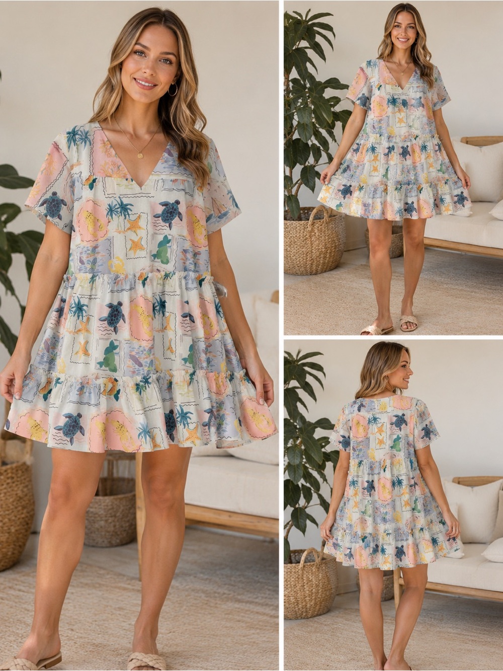 Pink Lily: Pastel Beach Print Tiered Mini Dress